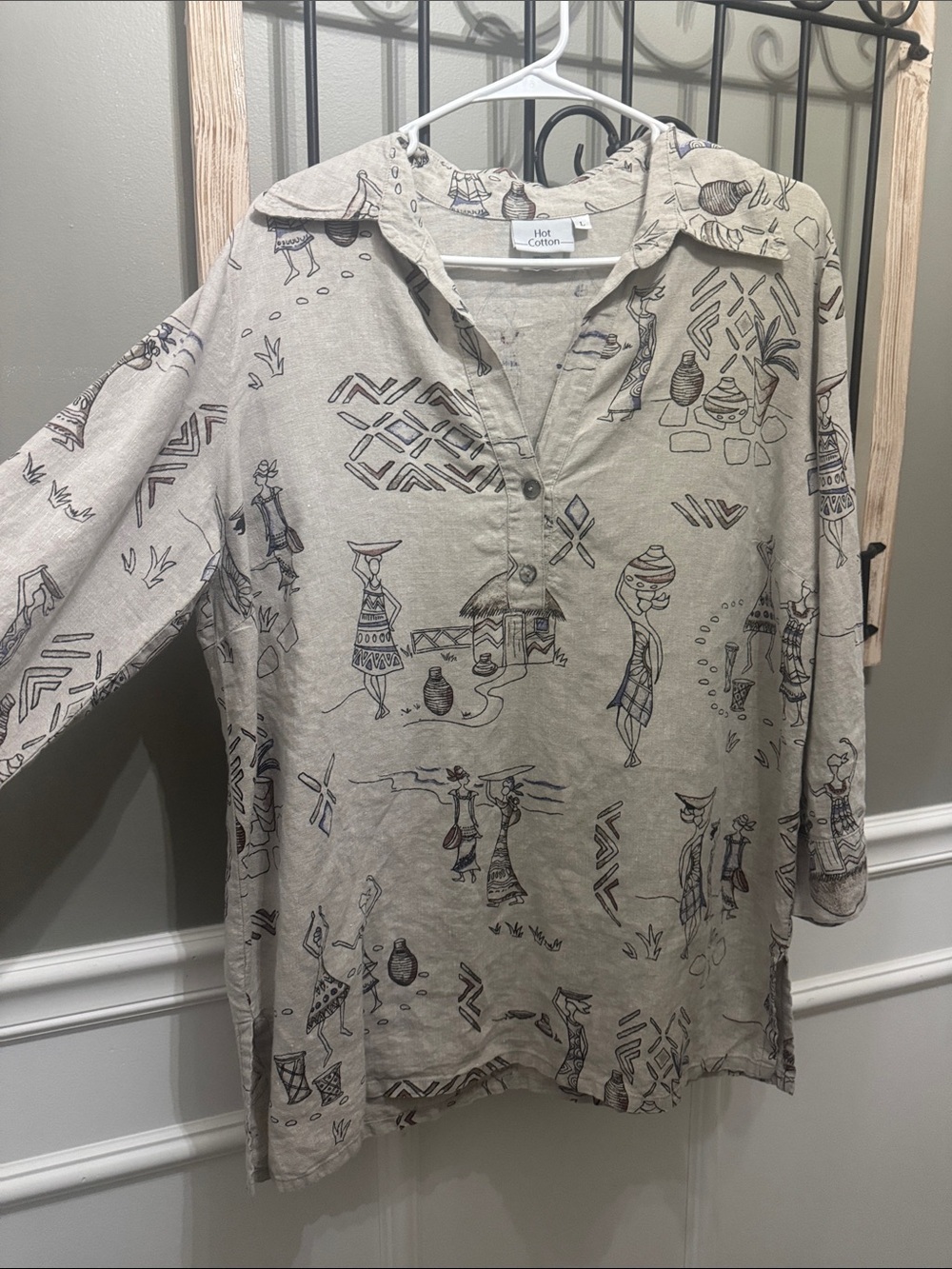 Hot Cotton Beige Printed Henley Tunic Top L linen bohemian oversized